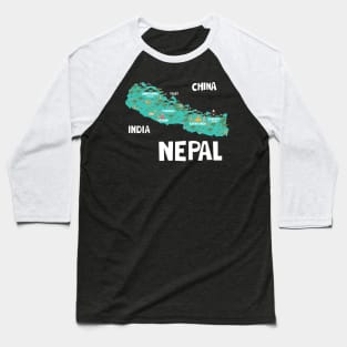 Nepal Illustrated Map Baseball T-Shirt